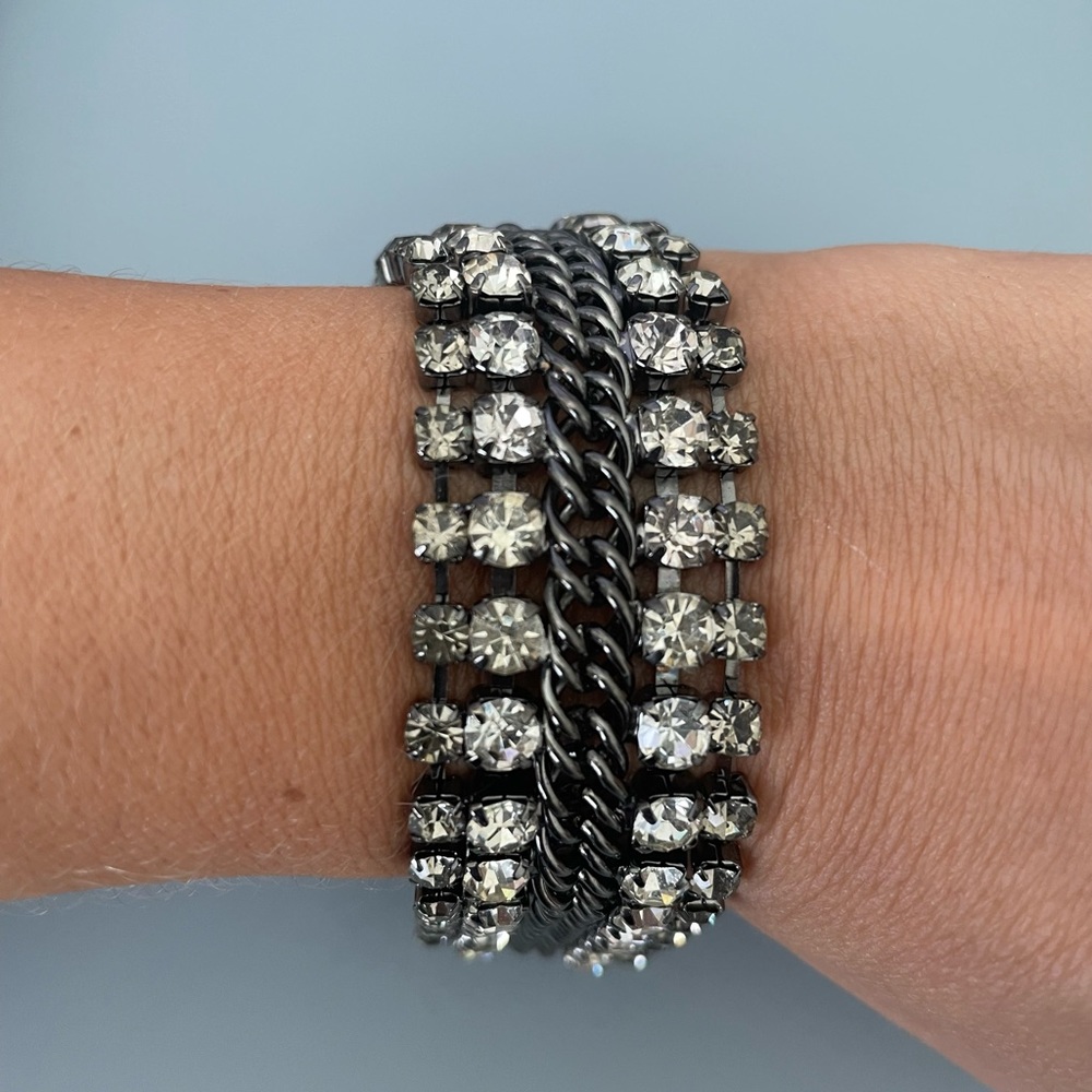 Gunmetal Woven Chain Rhinestone Adjustable Bracelet 7”-9” NWOT